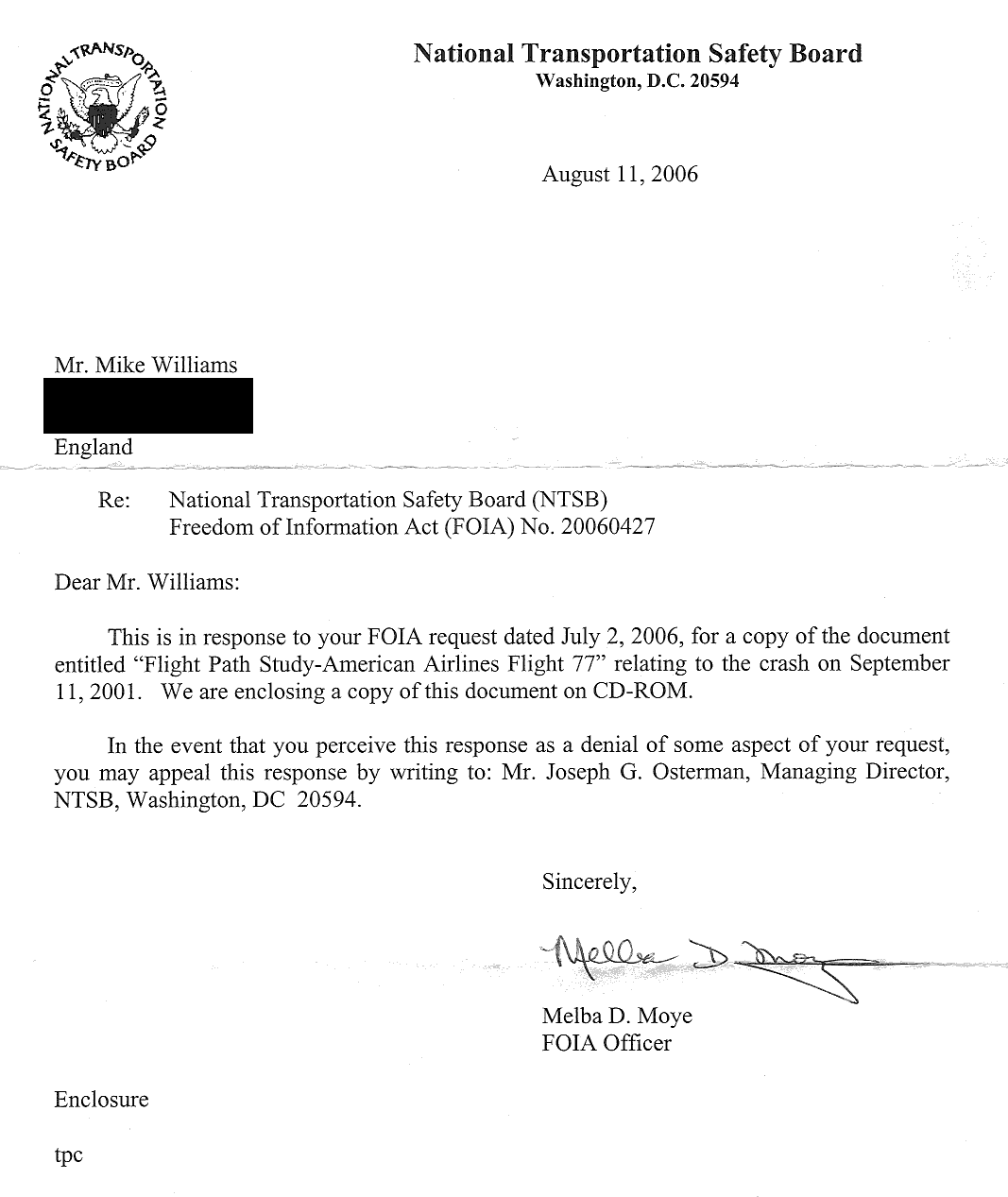 NTSB FOIA Response Cover Letter